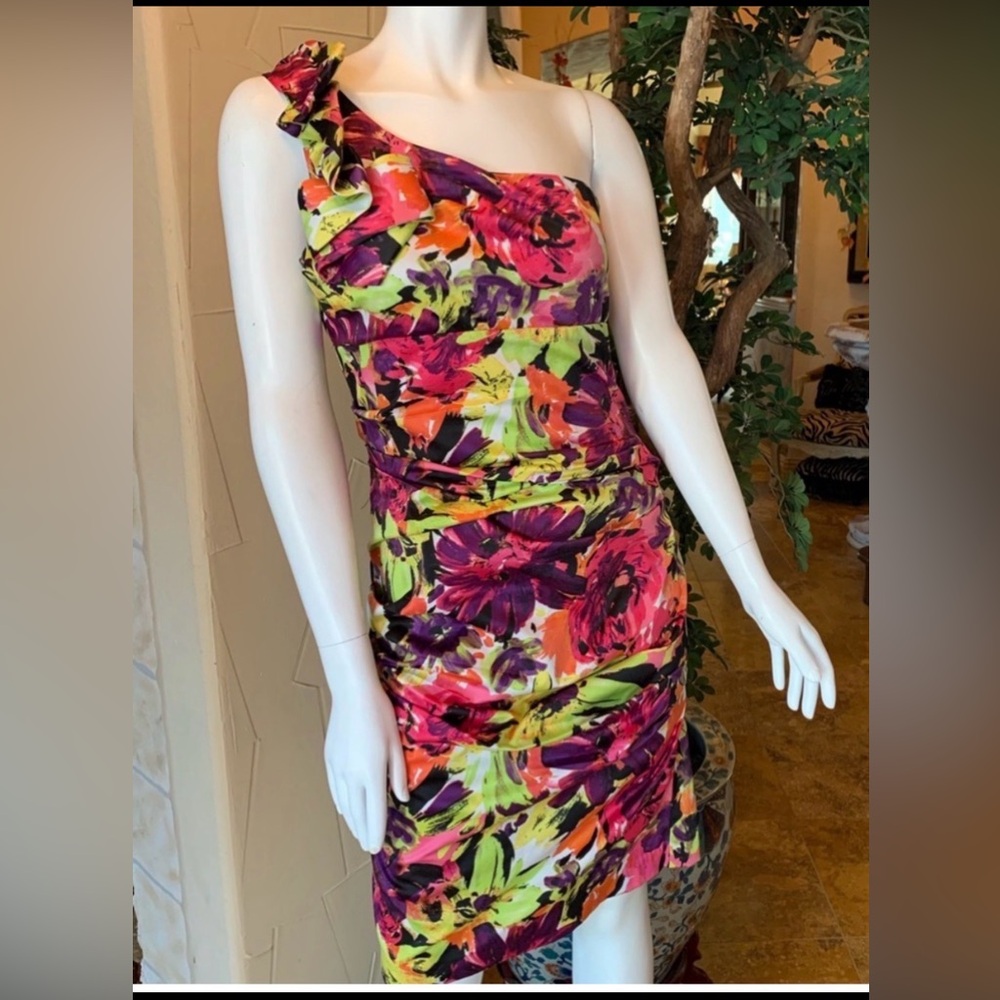 Roulette One-Shoulder Floral Cocktail Dress in Pink, Green & Purple